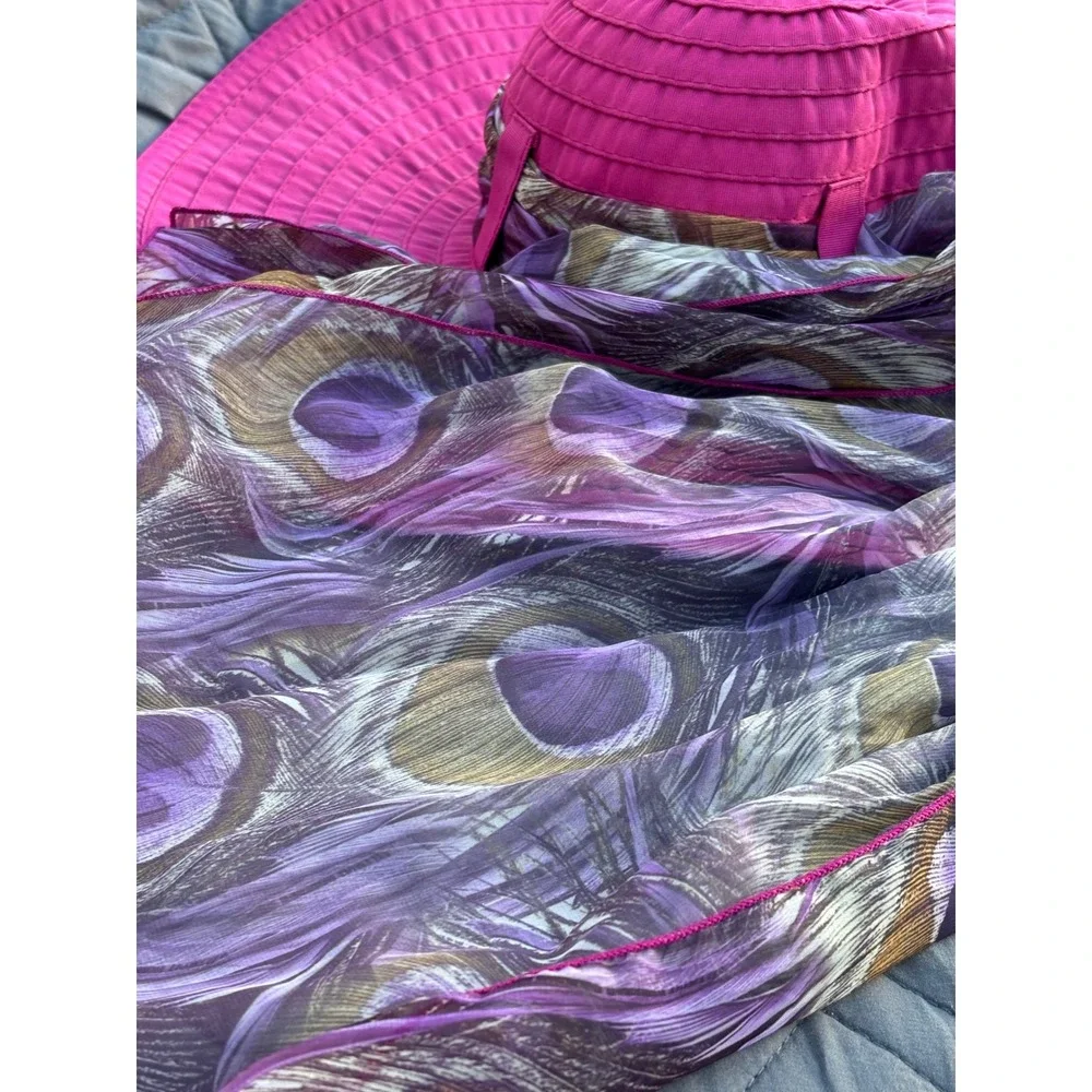 Wide Brim Grosgrain‎ Sun Hat Scala Fuchsia Pink Peacock Scarf